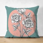 Turkuaz Pudra Zeminli Gül Motifli Süet Yastık Kırlent Kılıfı Realhomes