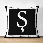 Siyah Zemin Beyaz Çerçeveli Ş Harfi Dijital Baskılı Süet Yastık Kırlent Kılıfı Realhomes