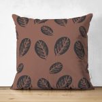 Kahve Zeminli Yaprak Tasarımlı Dijital Baskılı Süet Yastık Kırlent Kılıfı Realhomes