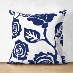 Beyaz Zeminli Lacivert Gül Tasarımlı Modern Süet Yastık Kırlent Kılıfı Realhomes