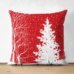 Kırmızı Renkli Yılbaşı Temalı Çam Ağacı Tasarımlı Modern Süet Yastık Kırlent Kılıfı Realhomes