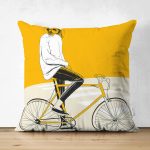 - RealHomes Çift Tarafı Dijital Baskılı Süet Yastık Kırlent Kılıfı - Realhomes Sarı Krem Zemin Bisikletli Adam Motifli Süet Yastık Kırlent Kılıfı Realhomes