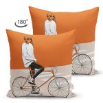 - RealHomes Çift Tarafı Dijital Baskılı Süet Yastık Kırlent Kılıfı - Realhomes Koyu Turuncu Krem Zemin Bisikletli Adam Motifli Süet Yastık Kırlent Kılıfı Realhomes