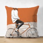 - RealHomes Çift Tarafı Dijital Baskılı Süet Yastık Kırlent Kılıfı - Realhomes Koyu Turuncu Krem Zemin Bisikletli Adam Motifli Süet Yastık Kırlent Kılıfı Realhomes