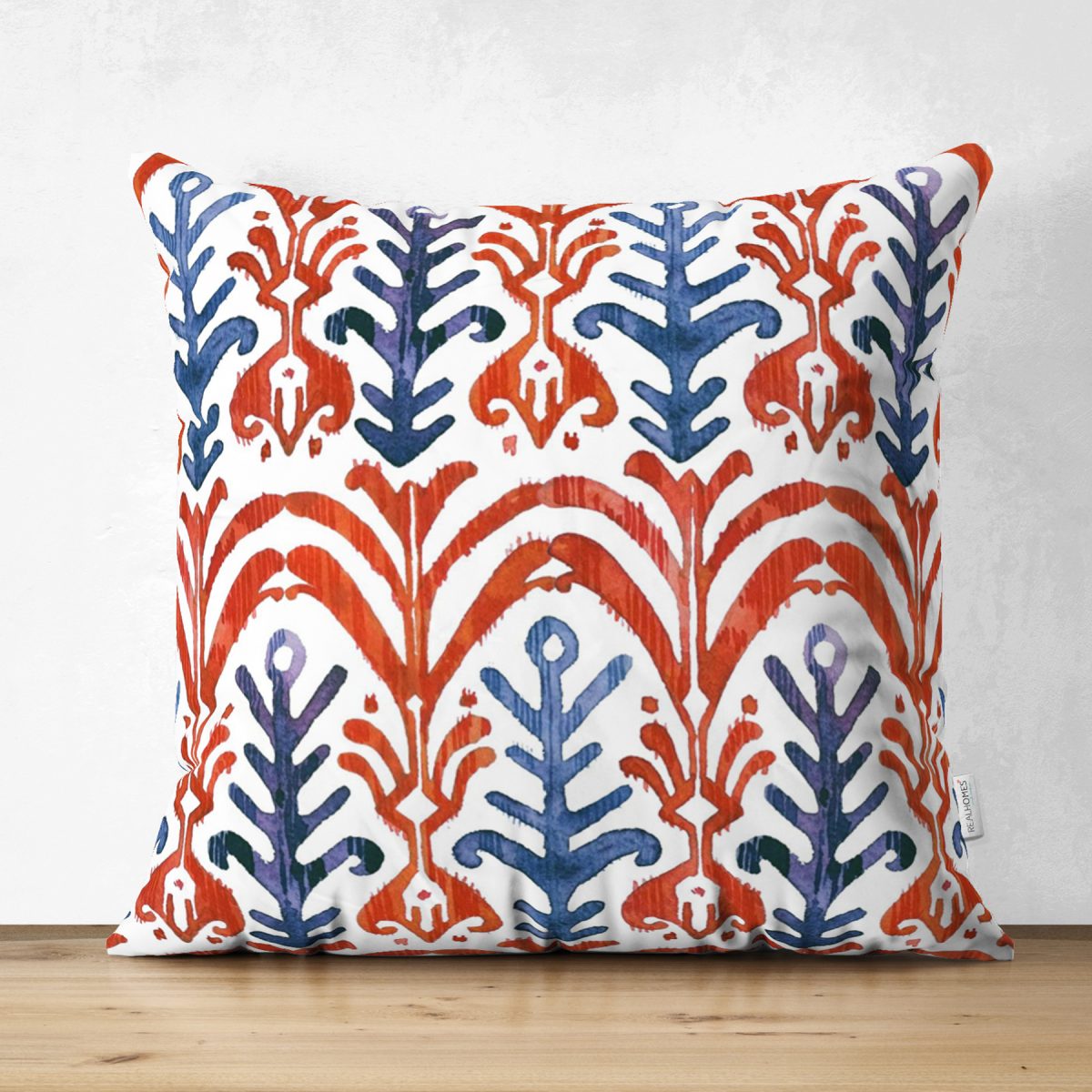 Mavi Kırmızı Damask Motifli Dekoratif Süet Yastık Kırlent Kılıfı Realhomes