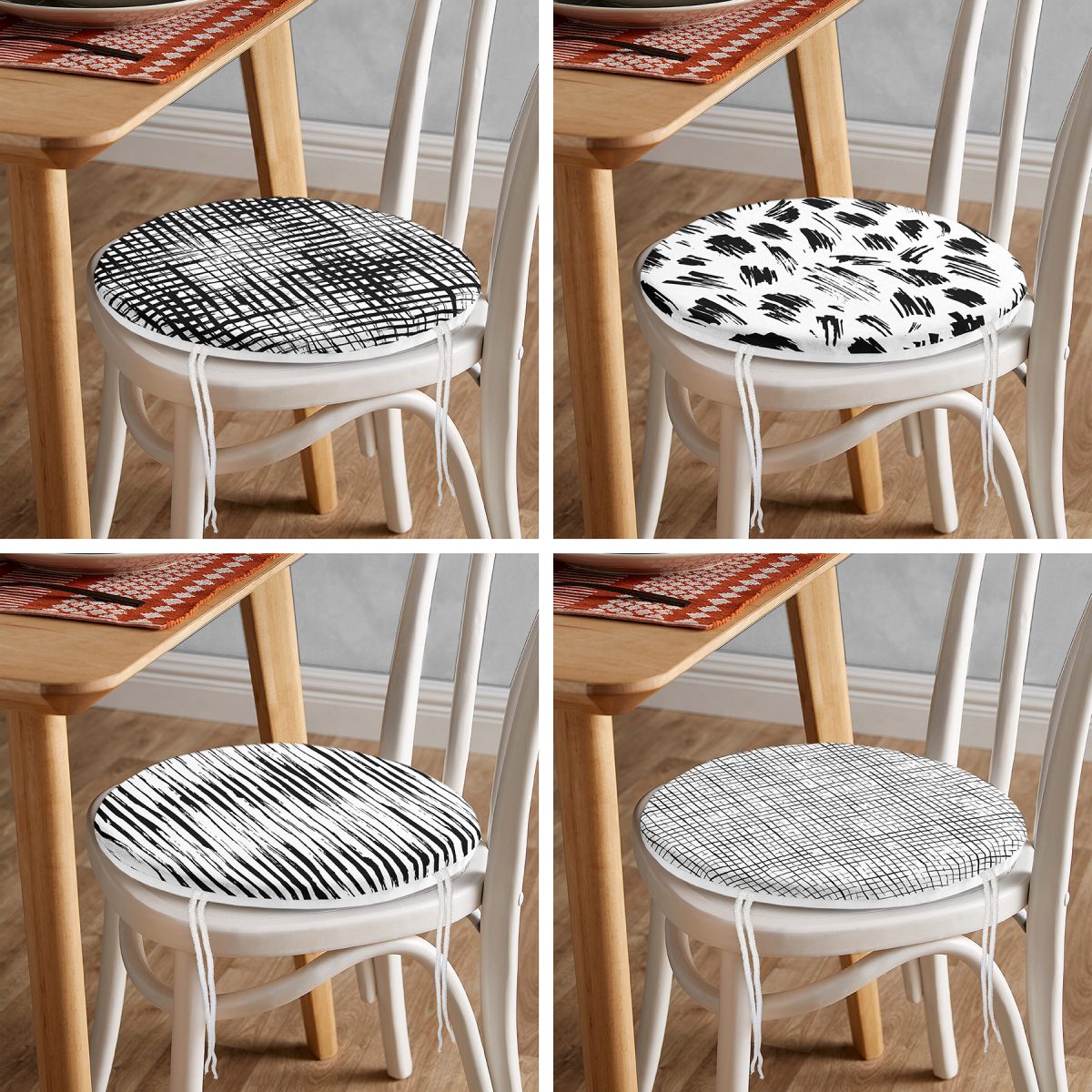 4'lü Geometrik Şekil Tasarımlı Modern Dijital Baskılı Yuvarlak Fermuarlı Sandalye Minderi Seti Realhomes