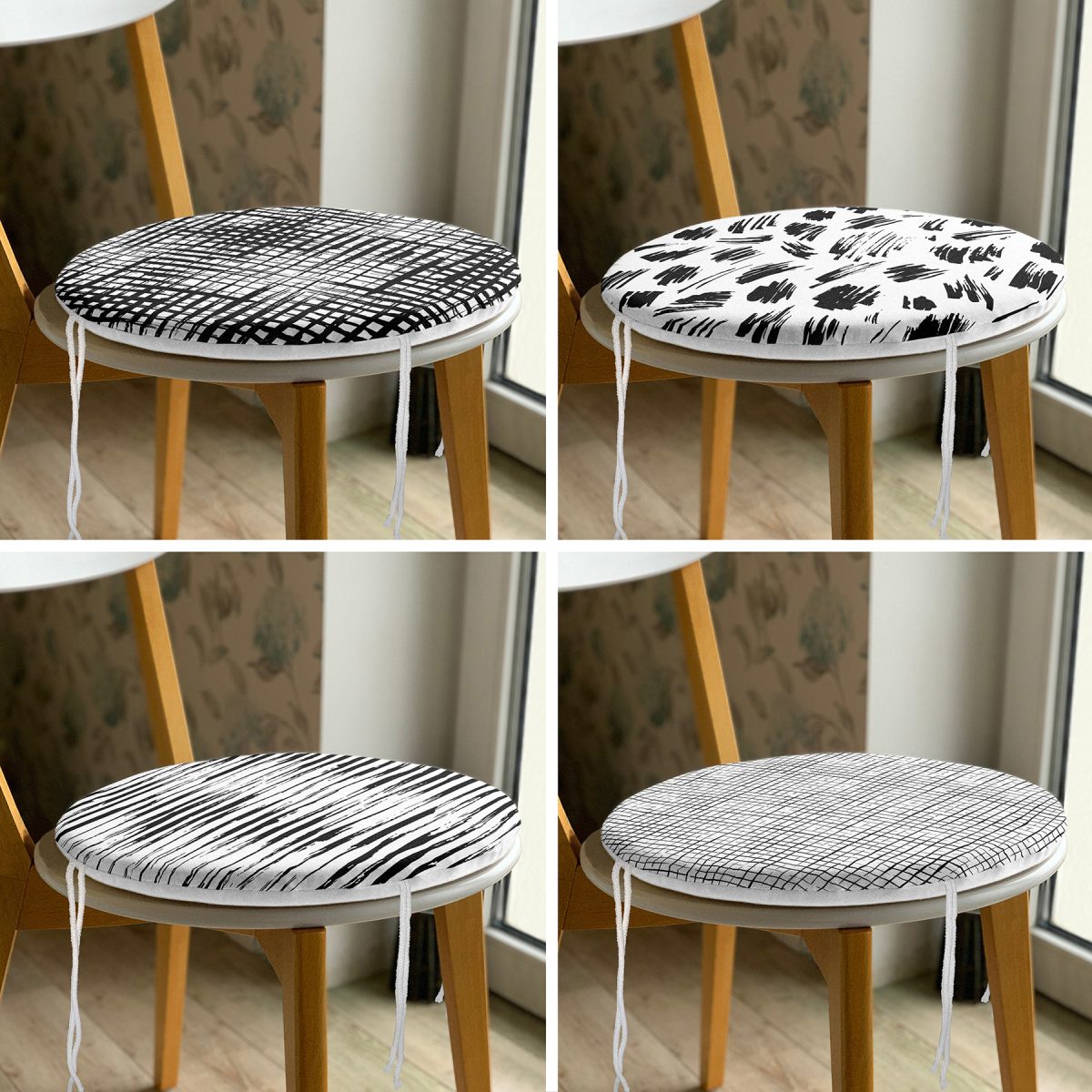 4'lü Geometrik Şekil Tasarımlı Modern Dijital Baskılı Yuvarlak Fermuarlı Sandalye Minderi Seti Realhomes