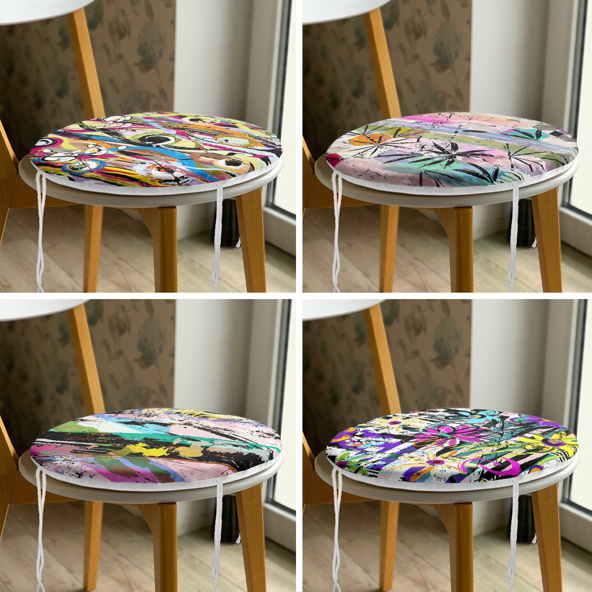 4'lü Sulu Boya Fırça Darbeli Geometrik Desenli Yuvarlak Fermuarlı Sandalye Minderi Seti Realhomes