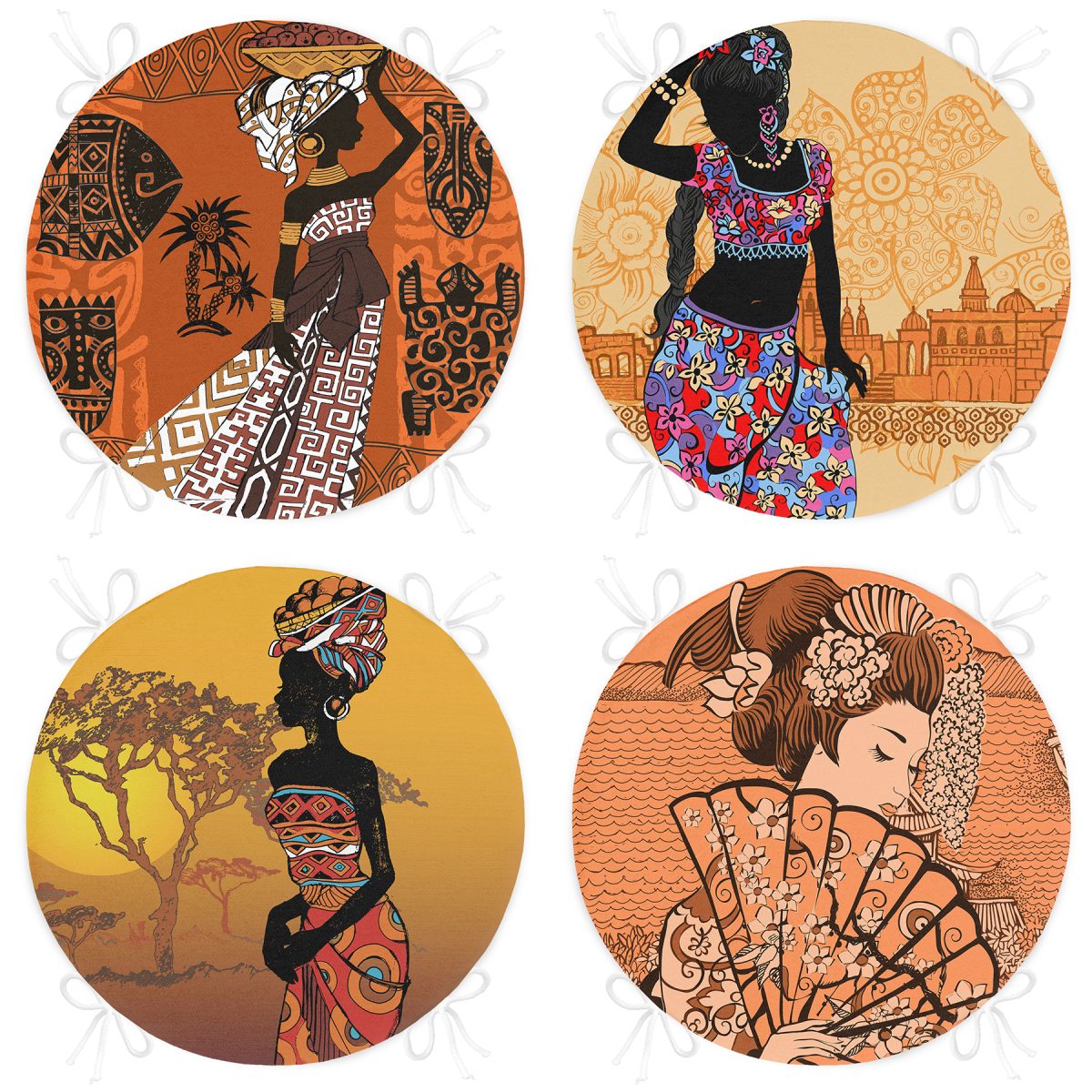 4'lü Etnik Afrika Women Desenli Yuvarlak Fermuarlı Sandalye Minderi Seti Realhomes