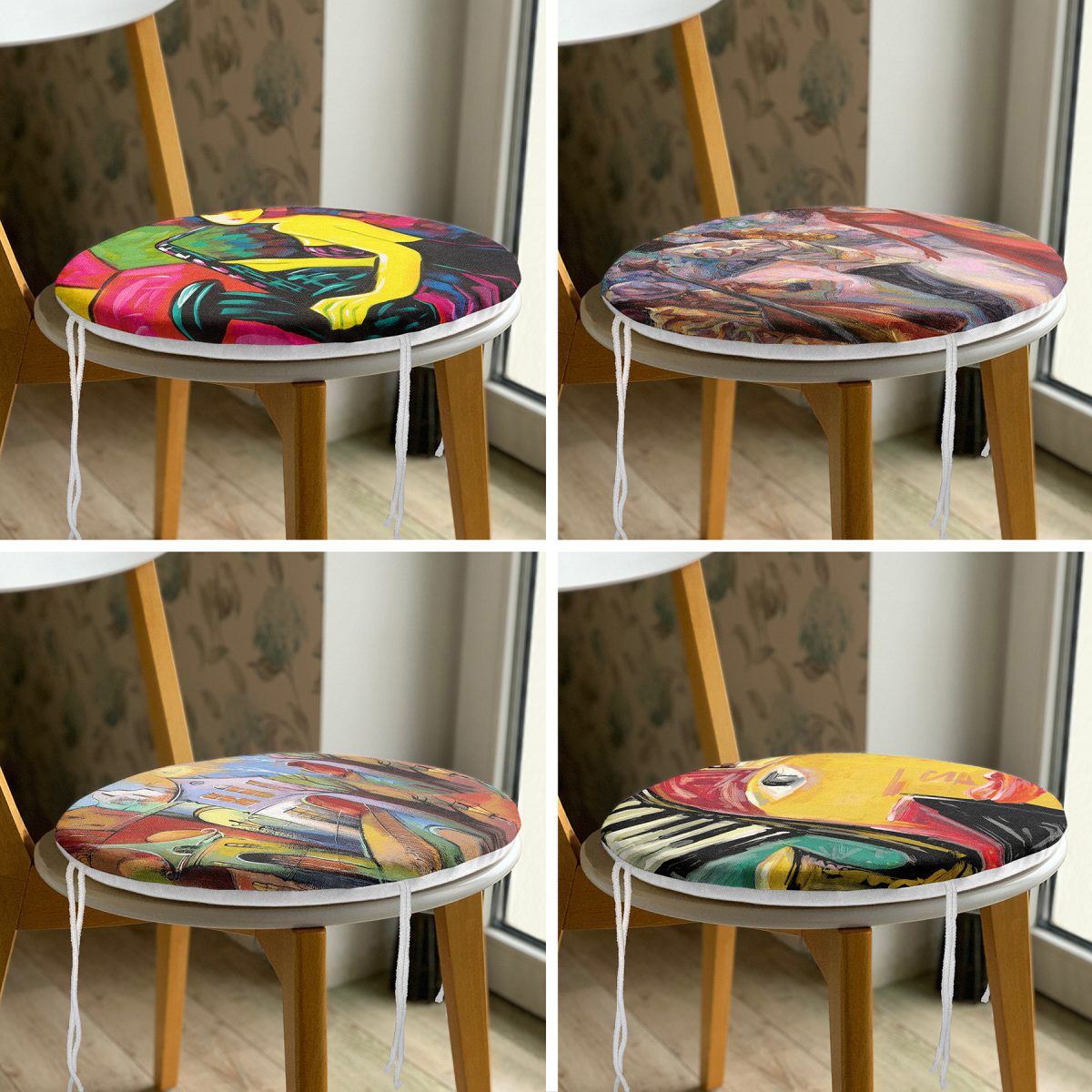 4'lü Soyut Sulu Boya Çalışması Tasarımlı Yuvarlak Fermuarlı Sandalye Minderi Seti Realhomes