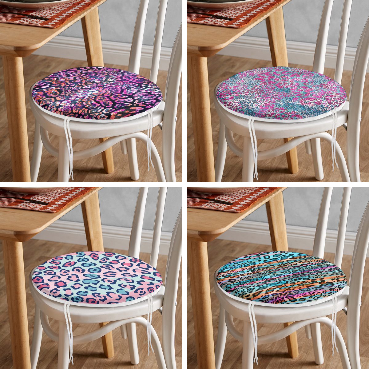 4'lü Renkli Leopar Desenli Yuvarlak Fermuarlı Sandalye Minderi Seti Realhomes