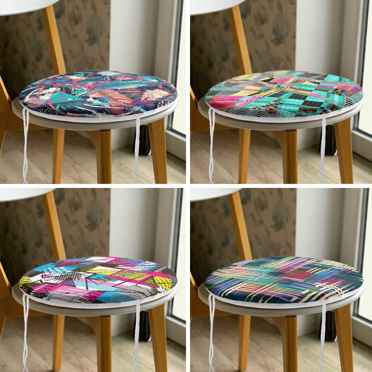 4'lü Geometrik Şekil Desenli Modern Yuvarlak Fermuarlı Sandalye Minderi Seti Realhomes