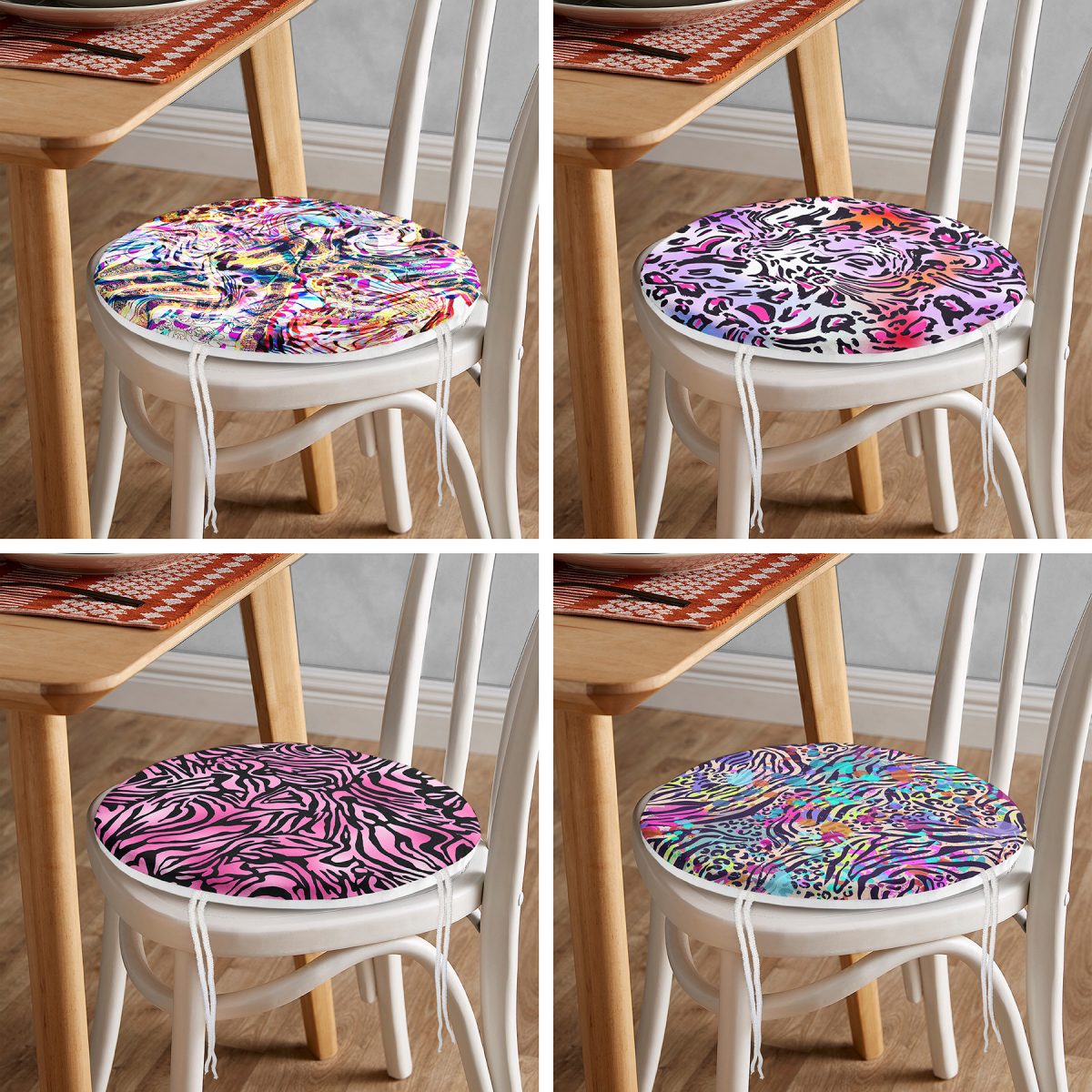 4'lü Renkli Leopar Desenli Yuvarlak Fermuarlı Sandalye Minderi Seti Realhomes