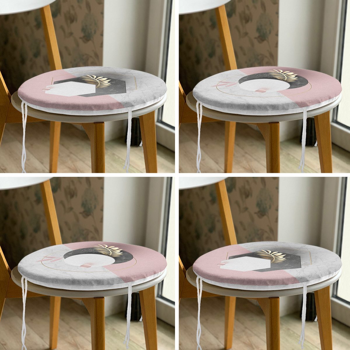 4'lü Geometrik Çift Renk Mermer Desenli Yuvarlak Fermuarlı Sandalye Minderi Seti Realhomes