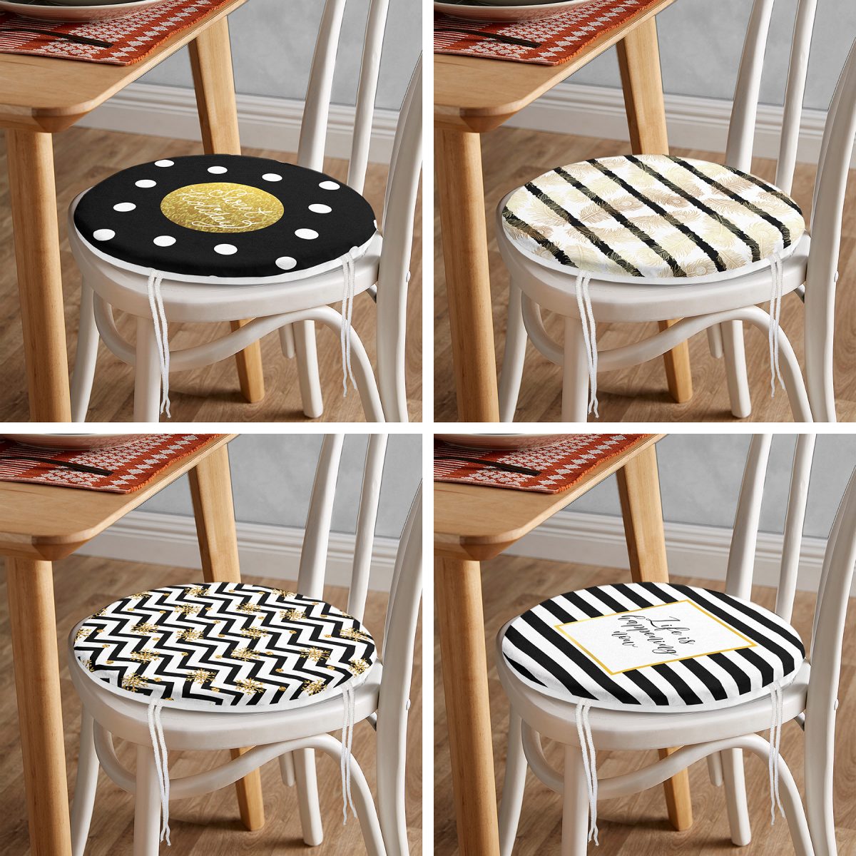 4'lü Gold Yazılı Geometrik Desenli Yuvarlak Fermuarlı Sandalye Minderi Seti Realhomes