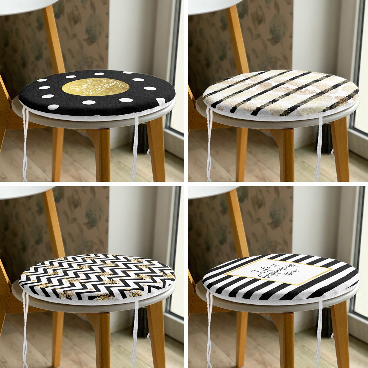 4'lü Gold Yazılı Geometrik Desenli Yuvarlak Fermuarlı Sandalye Minderi Seti Realhomes