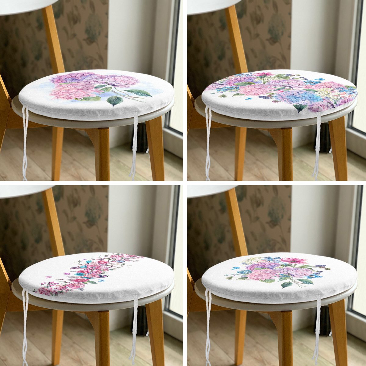 4'lü Ortanca Çiçeği Motifli Modern Yuvarlak Fermuarlı Sandalye Minderi Seti Realhomes