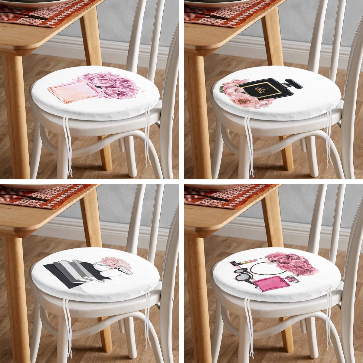 4'lü Parfüm Desenli Yuvarlak Fermuarlı Sandalye Minderi Seti Realhomes