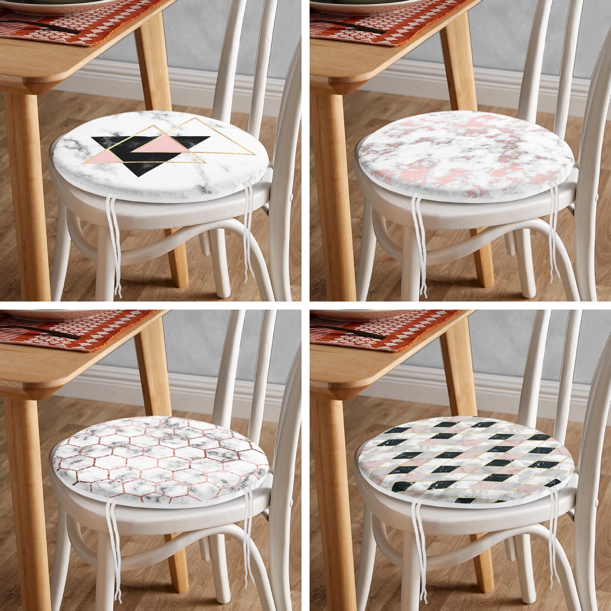4'lü Mermer Zeminli Geometrik Desen Motifli Yuvarlak Fermuarlı Sandalye Minderi Seti Realhomes
