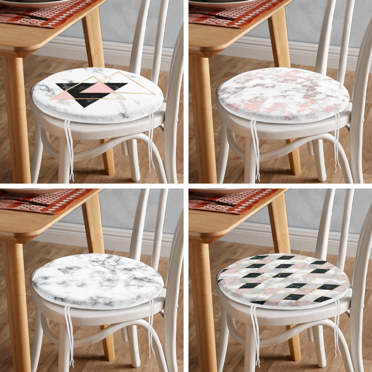 4'lü Geometrik Desenli Mermer Zemin Motifli Yuvarlak Fermuarlı Sandalye Minderi Seti Realhomes