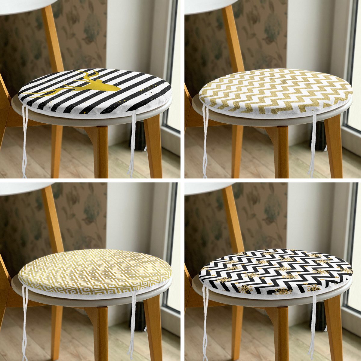 4'lü Altın Varaklı Geometrik Desenli Dekoratif Modern Yuvarlak Fermuarlı Sandalye Minderi Seti Realhomes