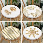 4'lü Altın Varaklı Yaprak ve Zigzag Motifli Yuvarlak Fermuarlı Sandalye Minderi Seti Realhomes