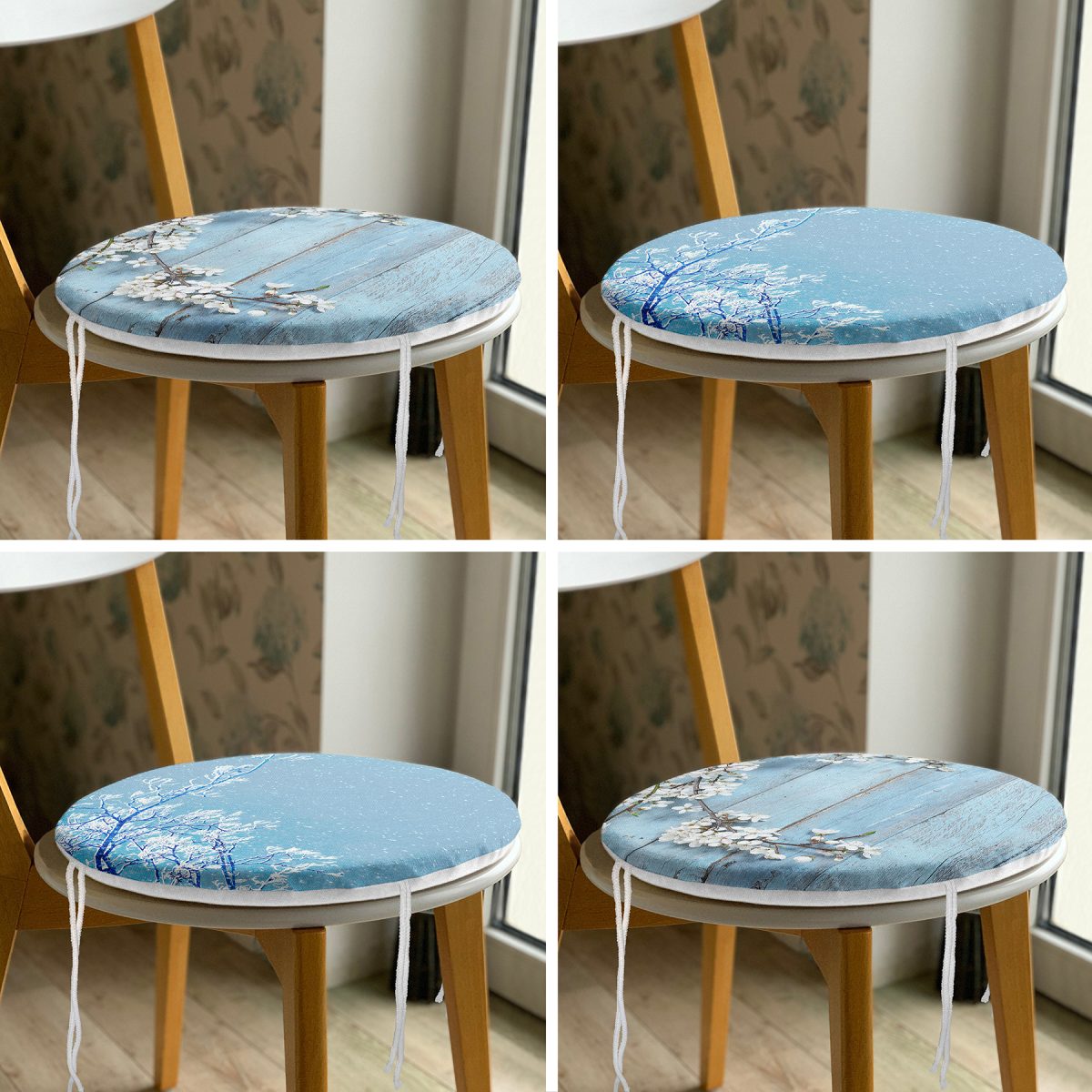 4'lü Mavi Zeminde Dal ve Çiçek Tasarımlı Yuvarlak Fermuarlı Sandalye Minderi Seti Realhomes