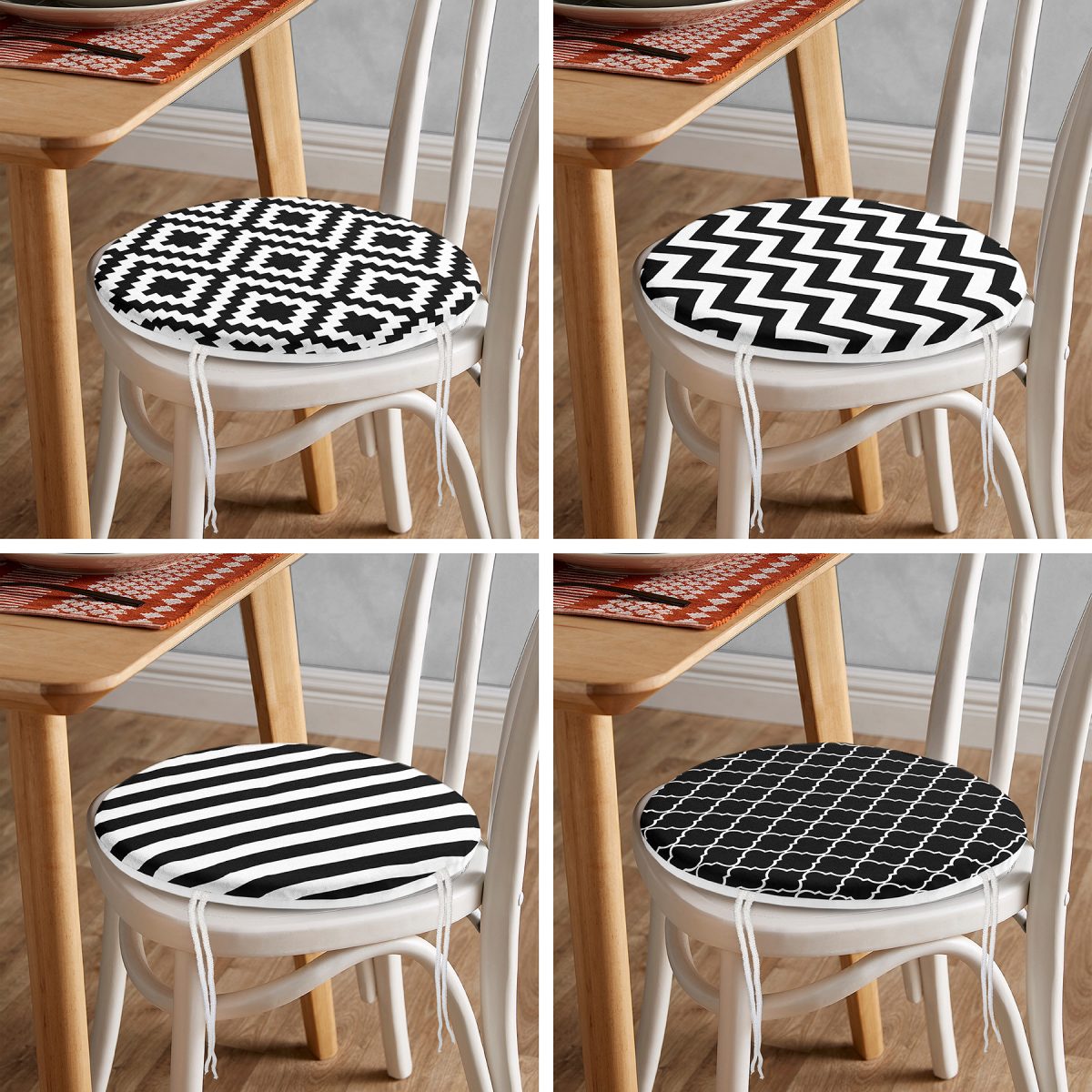 4'lü Siyah Beyaz Geometrik Şekiller Yuvarlak Fermuarlı Sandalye Minderi Seti Realhomes