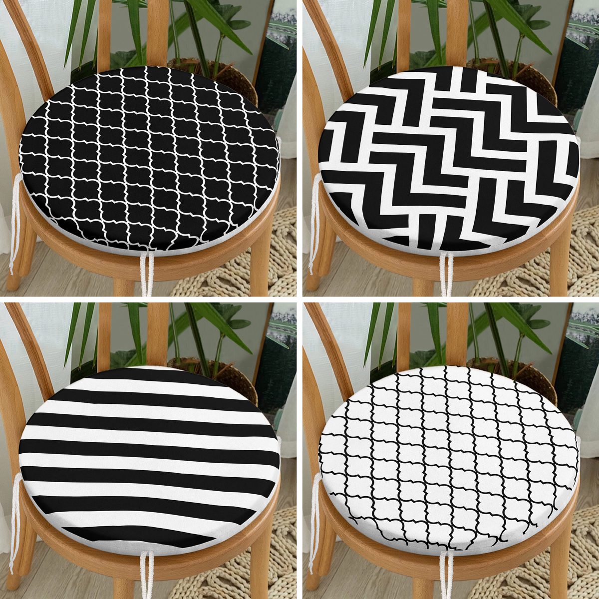 4'lü Siyah Beyaz Geometrik Şekilli Yuvarlak Fermuarlı Sandalye Minderi Seti Realhomes