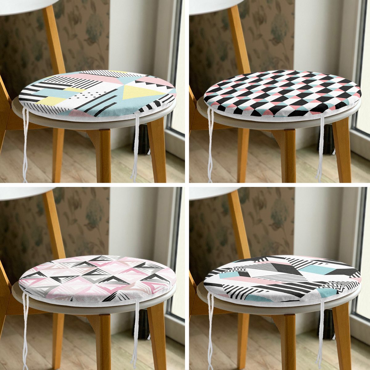 4'lü Renkli Geometrik Çizimler Yuvarlak Fermuarlı Sandalye Minderi Seti Realhomes