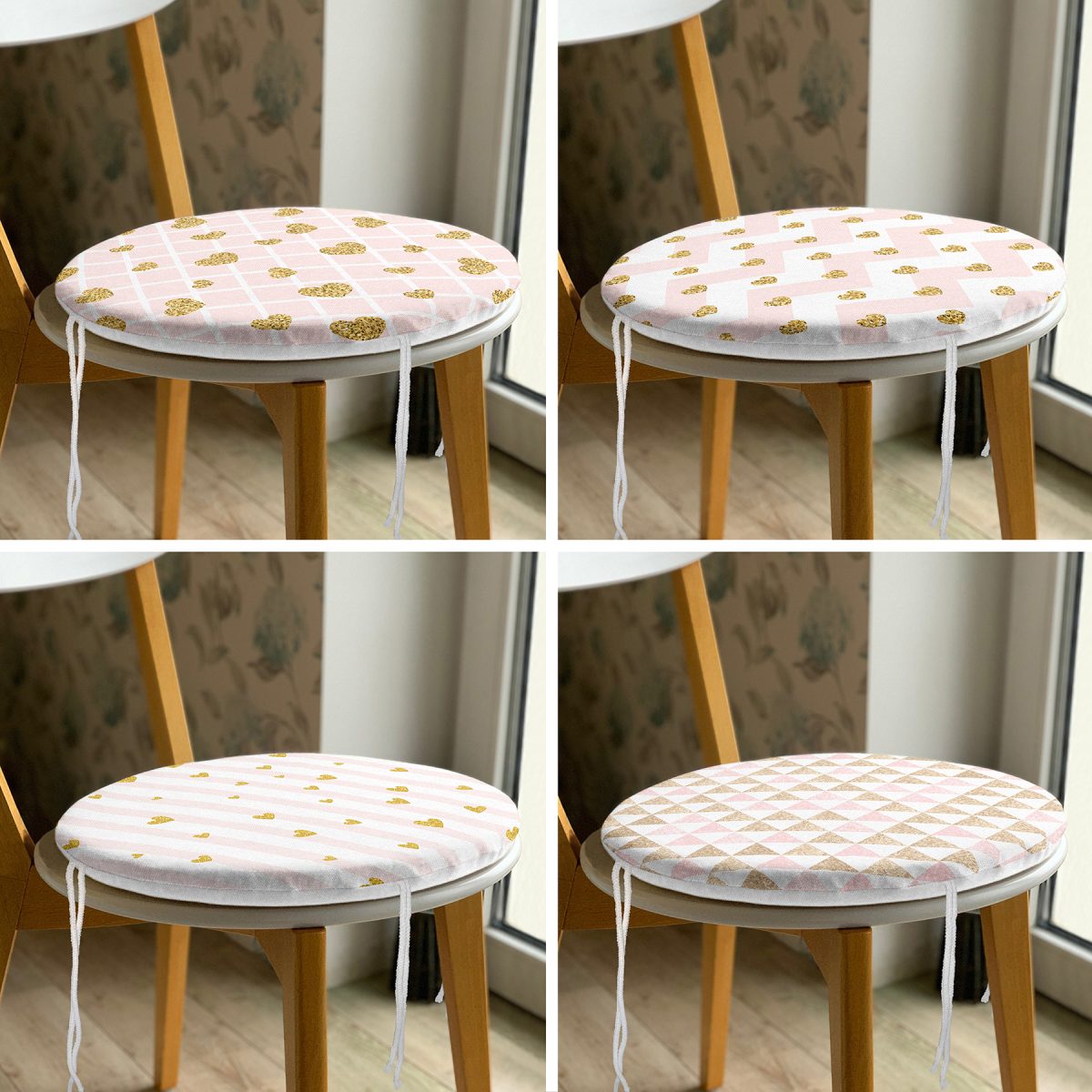 4'lü Gold Detaylı Pembe Geometrik Çizimli Yuvarlak Fermuarlı Sandalye Minderi Seti Realhomes