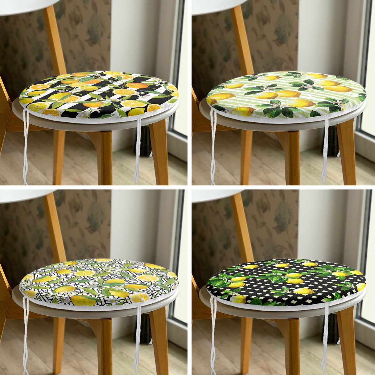 4'lü Limon Tasarımlı Dijital Baskılı Yuvarlak Fermuarlı Sandalye Minderi Seti Realhomes