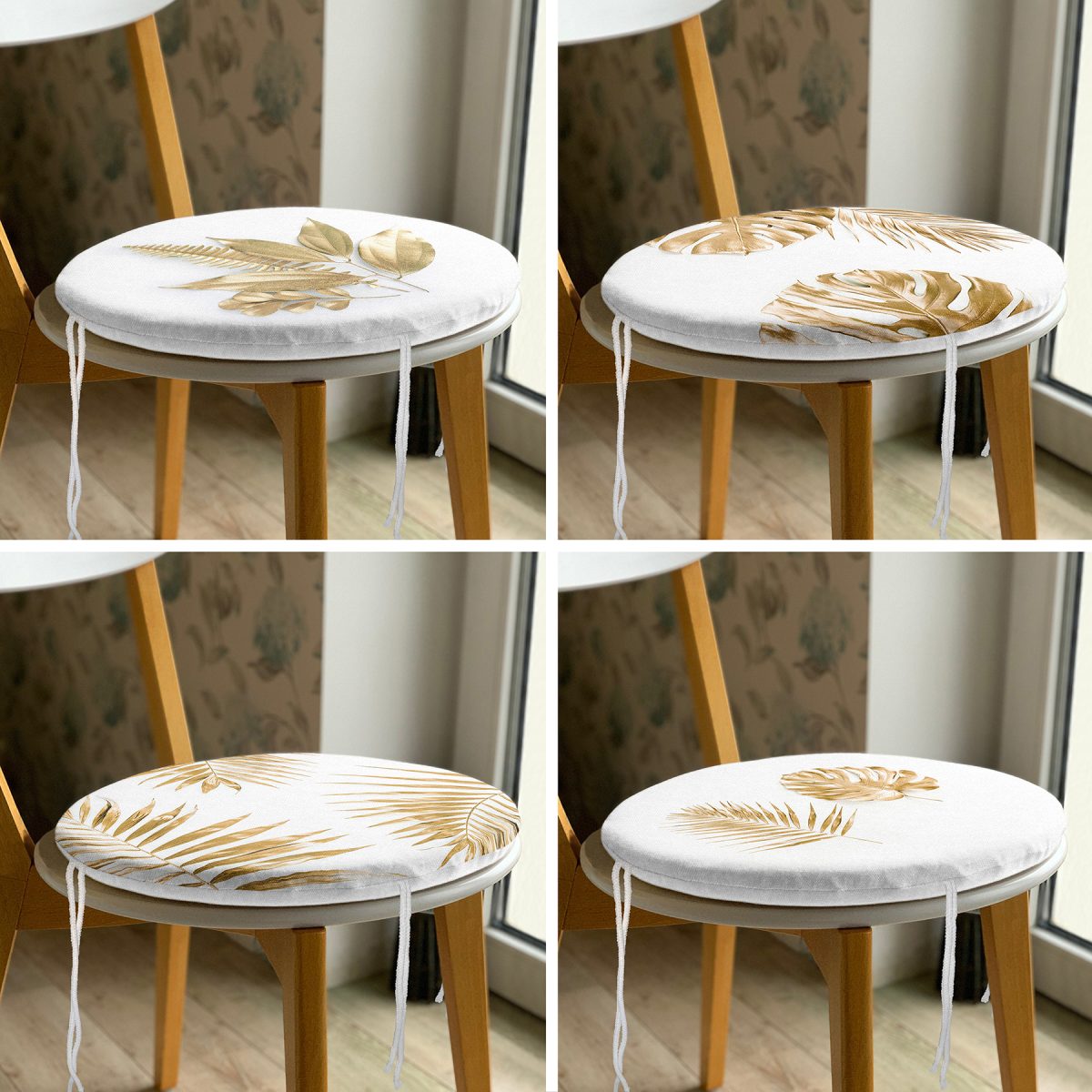 4'lü Gold Tasarımlı Yaprak Motifli Yuvarlak Fermuarlı Sandalye Minderi Seti Realhomes