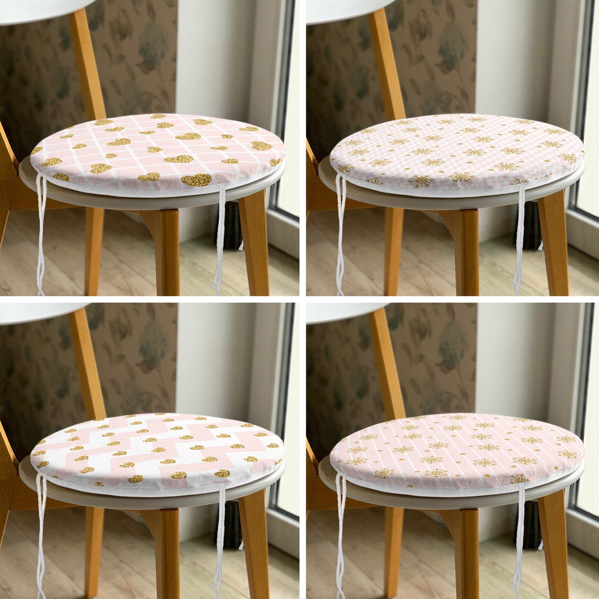 4'lü Gold Detaylı Pembe Zigzag Tasarımlı Yuvarlak Fermuarlı Sandalye Minderi Seti Realhomes