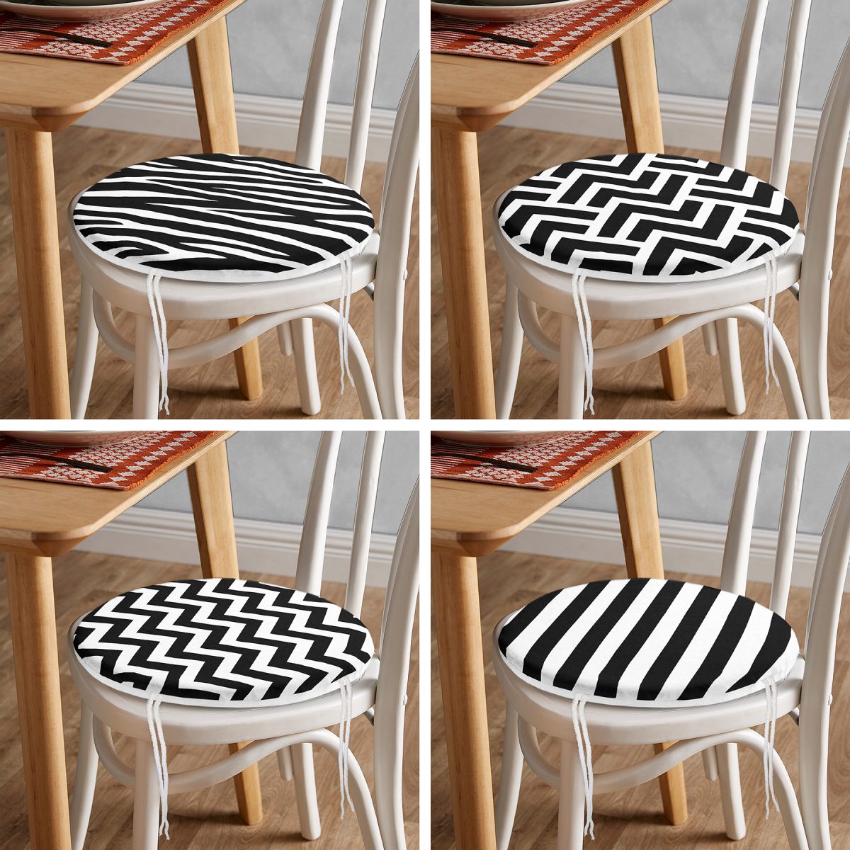 4'lü Siyah Beyaz Geometrik Çizimli Yuvarlak Fermuarlı Sandalye Minderi Seti Realhomes