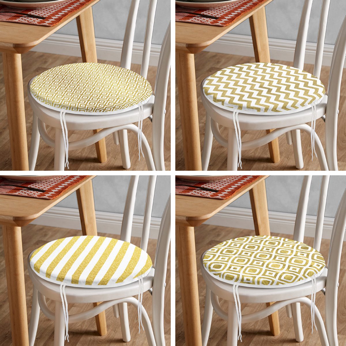 4'lü Gold Motifli Geometrik Çizimli Yuvarlak Fermuarlı Sandalye Minderi Seti Realhomes