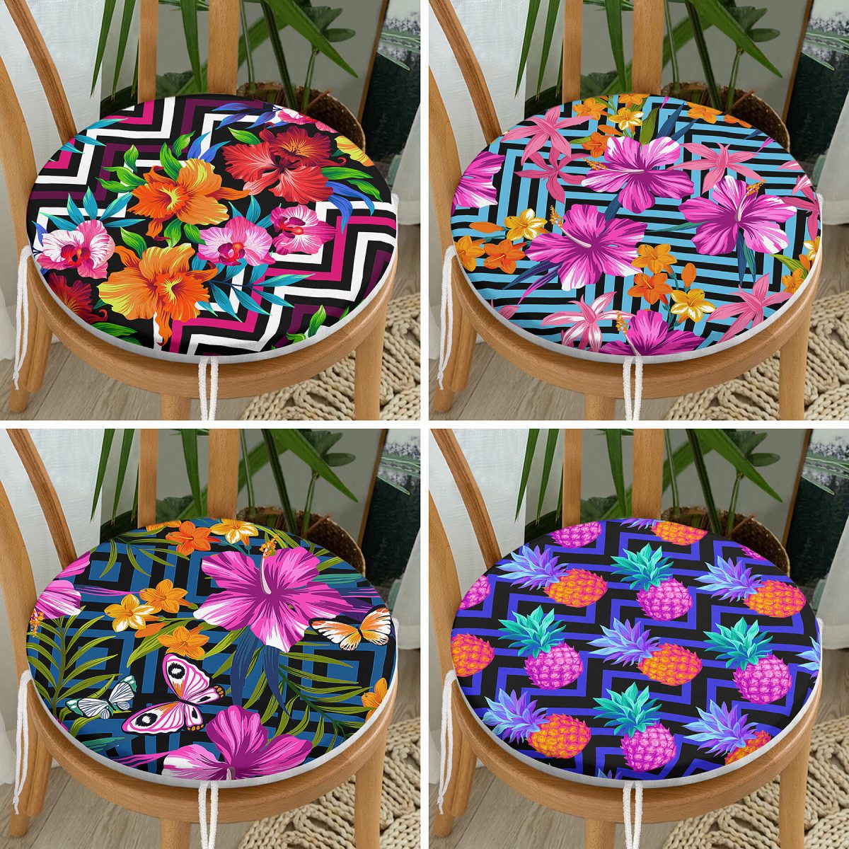 4'lü Geometrik Zeminli Renkli Tropik Çiçekler Yuvarlak Fermuarlı Sandalye Minderi Seti Realhomes