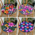 4'lü Geometrik Zeminli Renkli Tropik Çiçekler Yuvarlak Fermuarlı Sandalye Minderi Seti Realhomes