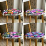 4'lü Geometrik Zeminli Renkli Tropik Çiçekler Yuvarlak Fermuarlı Sandalye Minderi Seti Realhomes