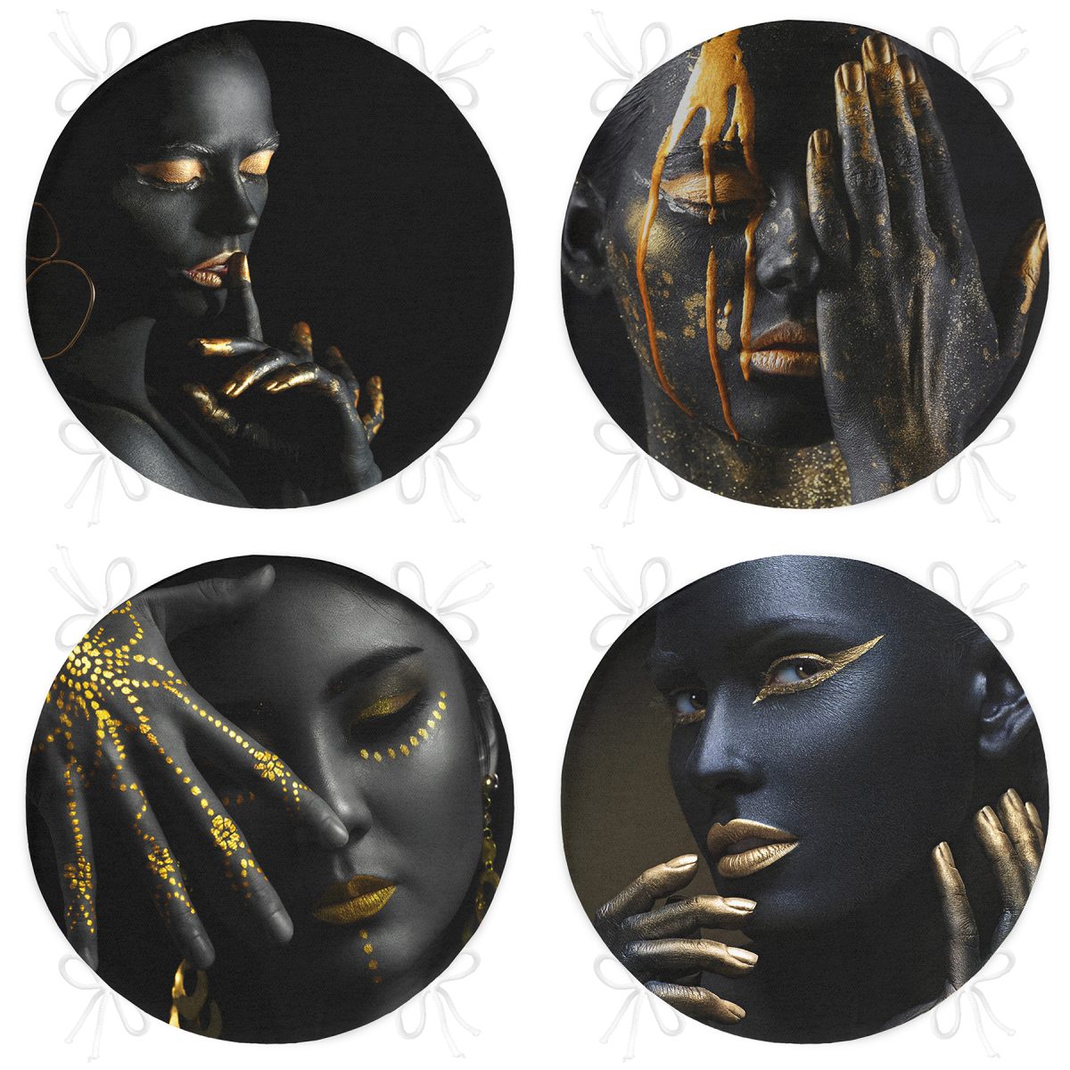 4'lü Gold Detaylı Siyahi Kadınlar Yuvarlak Fermuarlı Sandalye Minderi Seti Realhomes