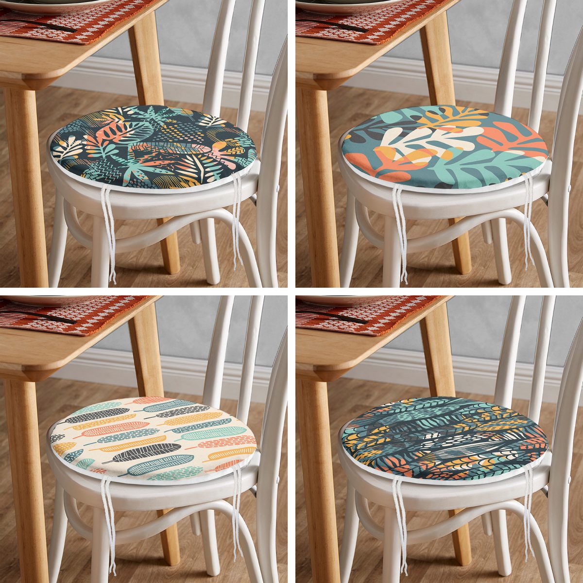 4'lü Renkli Tropik Yapraklar Özel Tasarım Yuvarlak Fermuarlı Sandalye Minderi Seti Realhomes