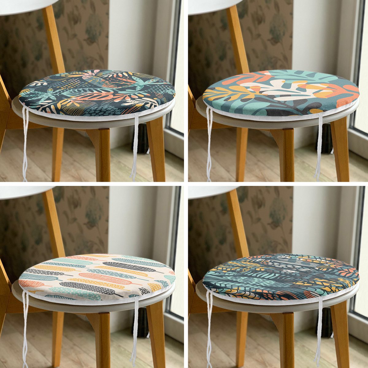 4'lü Renkli Tropik Yapraklar Özel Tasarım Yuvarlak Fermuarlı Sandalye Minderi Seti Realhomes