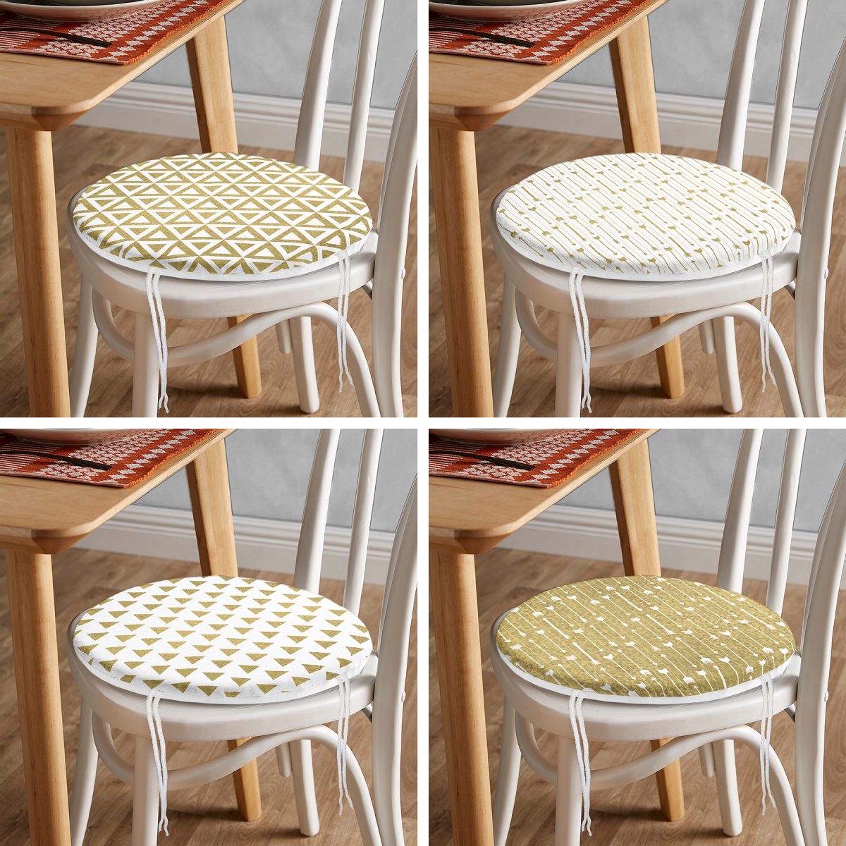 4'lü Renkli Zemin Üzerinde Gold Detaylı Geometrik Desenli Modern Yuvarlak Fermuarlı Sandalye Minderi Seti Realhomes