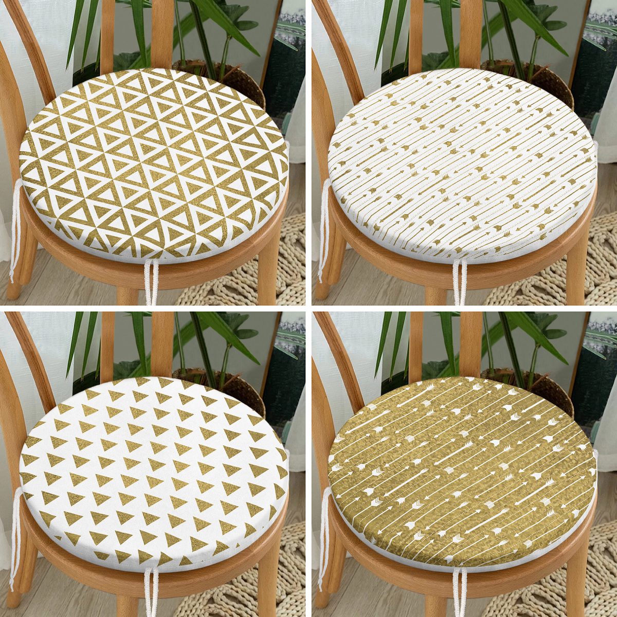 4'lü Renkli Zemin Üzerinde Gold Detaylı Geometrik Desenli Modern Yuvarlak Fermuarlı Sandalye Minderi Seti Realhomes