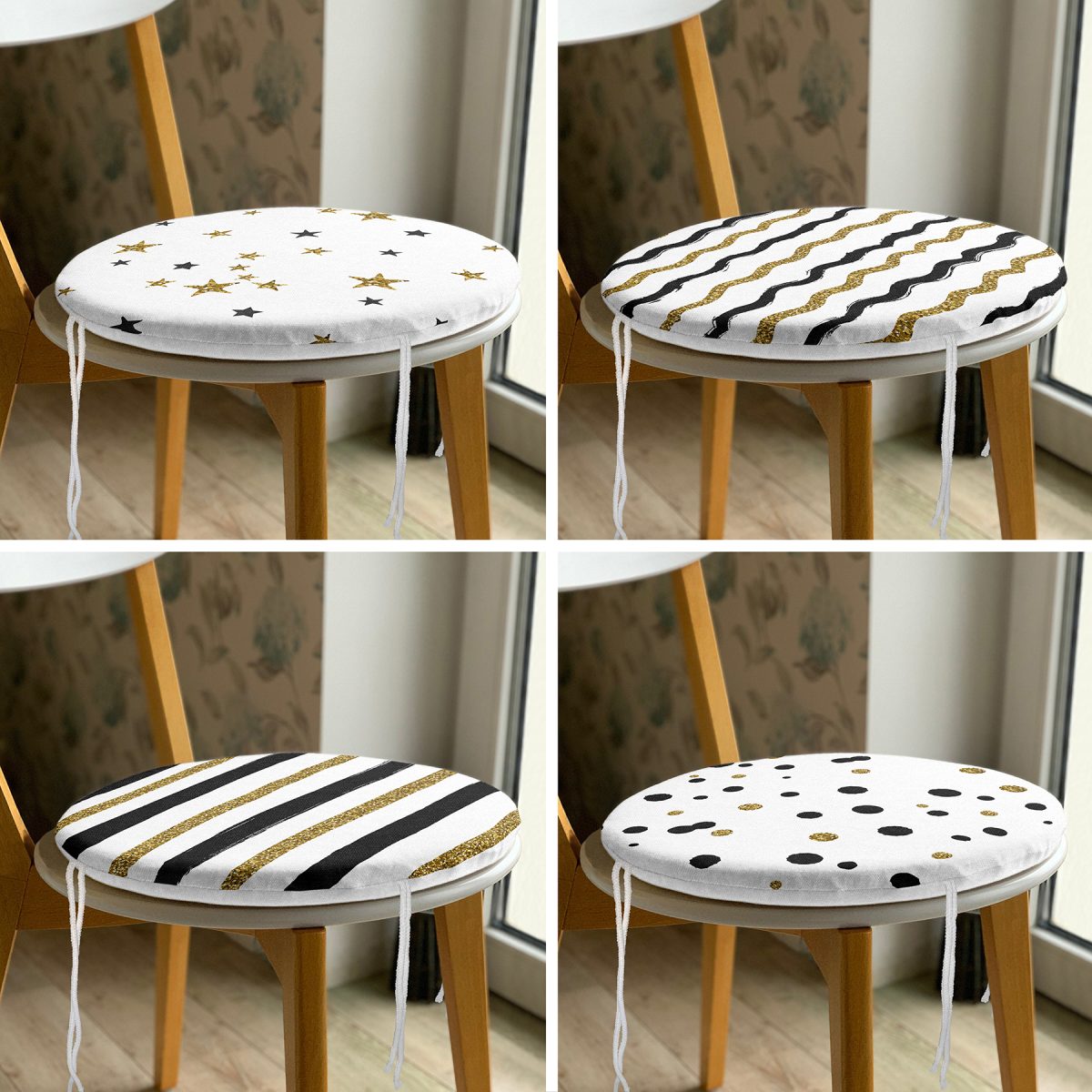 4'lü Beyaz Zemin Üzerinde Gold Detaylı Geometrik Desenli Modern Yuvarlak Fermuarlı Sandalye Minderi Seti Realhomes