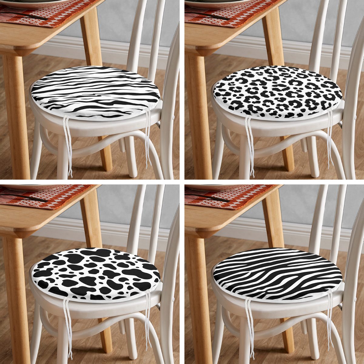 4'lü Beyaz Zemin Üzerinde Zebra Desenli Modern Yuvarlak Fermuarlı Sandalye Minderi Seti Realhomes