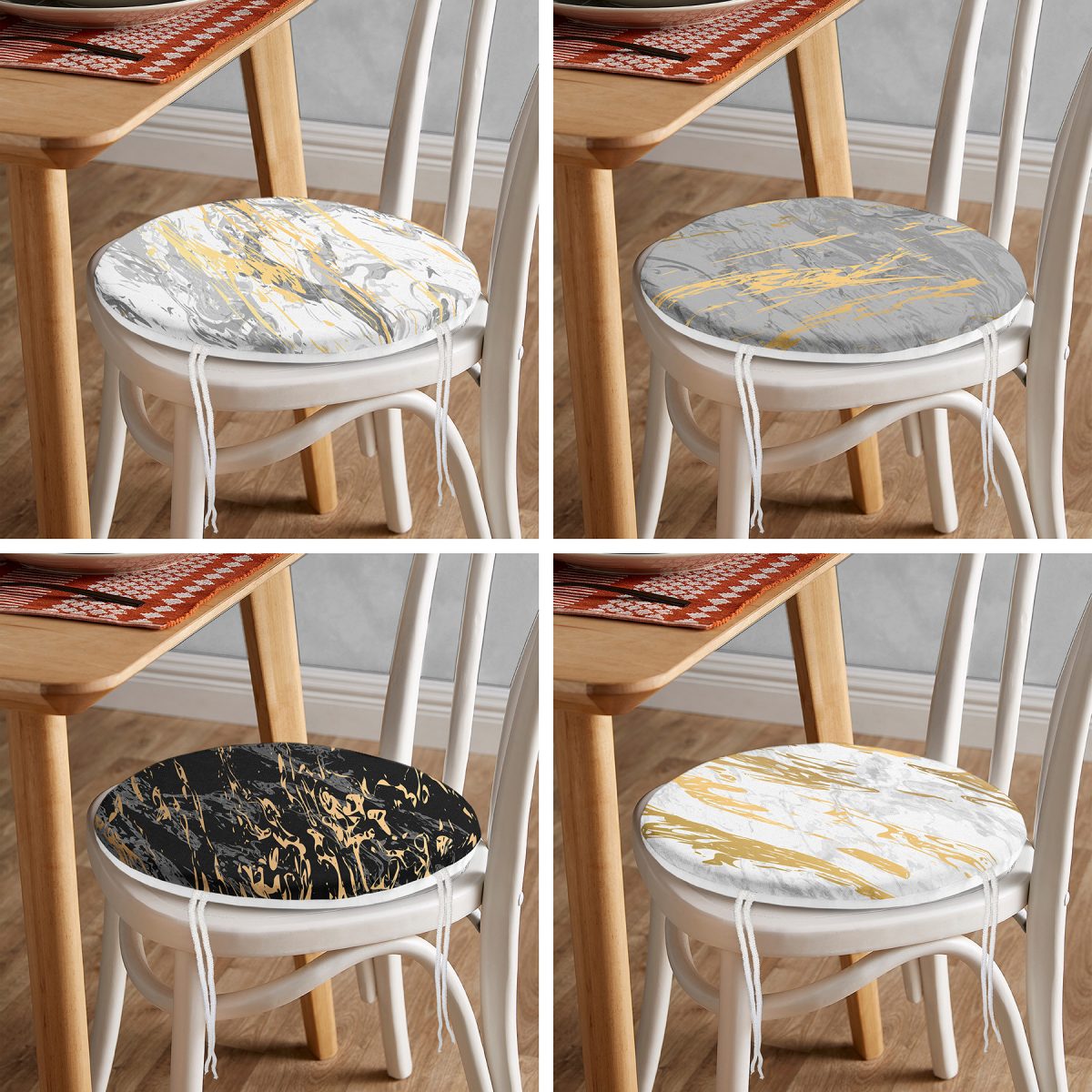 4'lü Renkli Zemin Üzerinde Gold Detaylı Soyut Çizimli Modern Yuvarlak Fermuarlı Sandalye Minderi Seti Realhomes