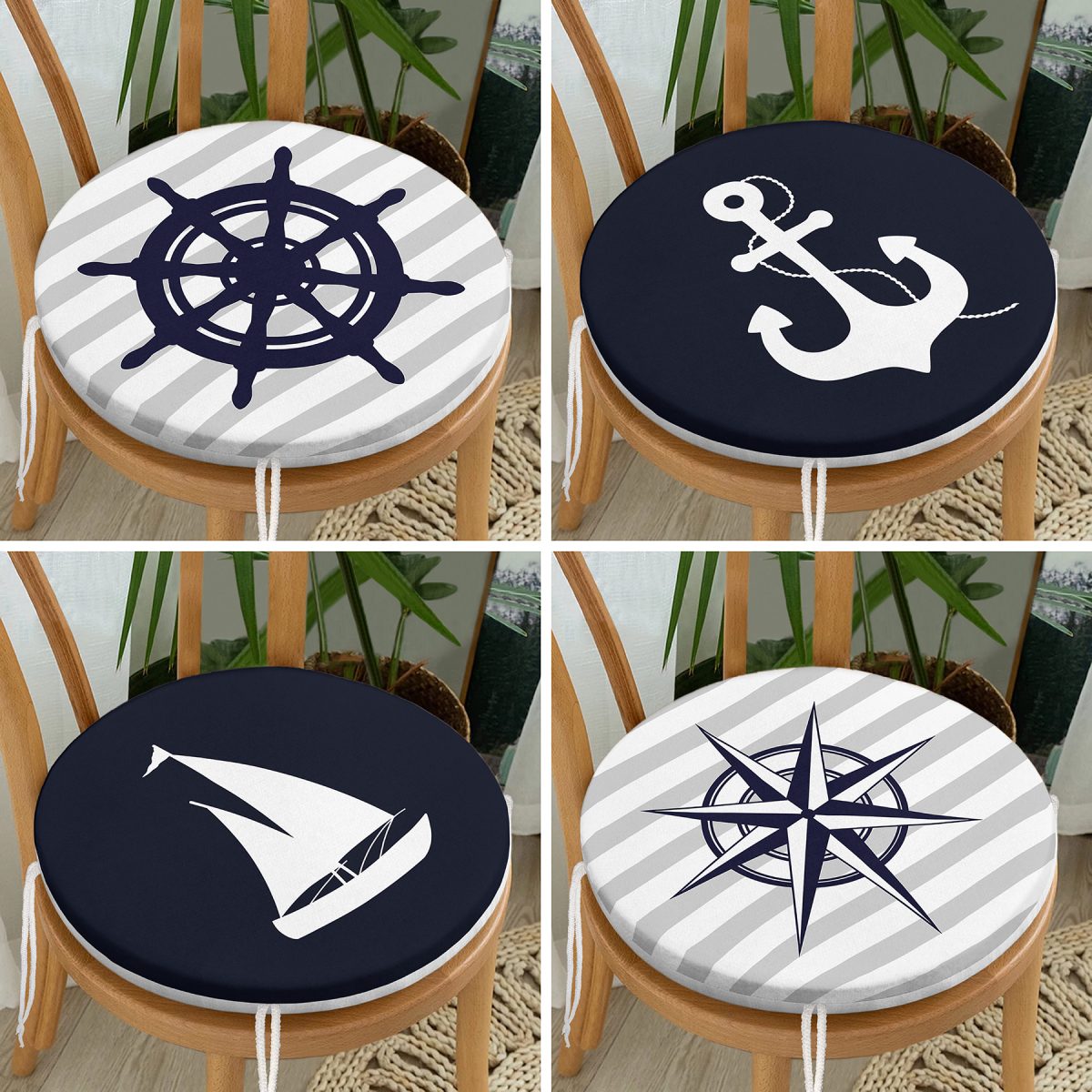 4'lü Renkli Zemin Üzerinde Denizci Desenli Modern Yuvarlak Fermuarlı Sandalye Minderi Seti Realhomes