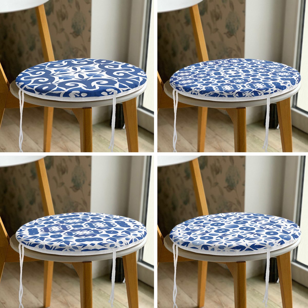 4'lü Beyaz Zemin Üzerinde Renkli Geometrik Desenli Modern Yuvarlak Fermuarlı Sandalye Minderi Seti Realhomes