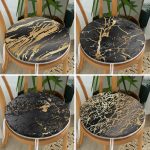 4'lü Renkli Zemin Üzerinde Gold Detaylı Mermer Desenli Modern Yuvarlak Fermuarlı Sandalye Minderi Seti Realhomes